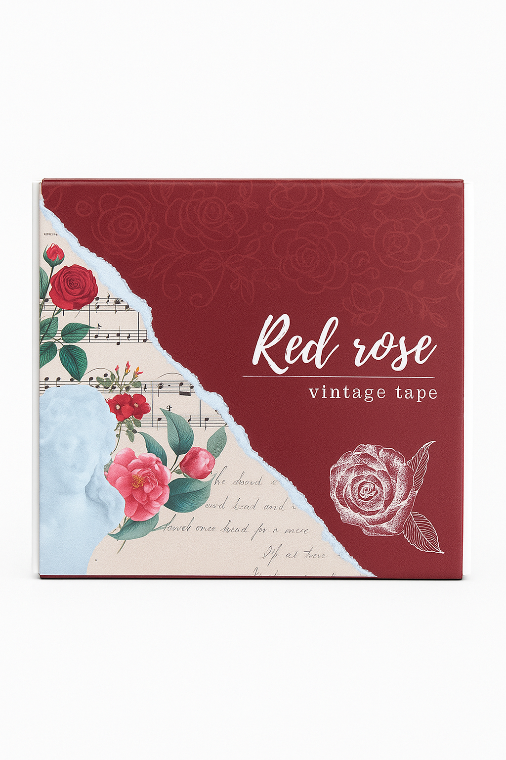 Red rose vintage washi tape packaging with floral and music notes design 