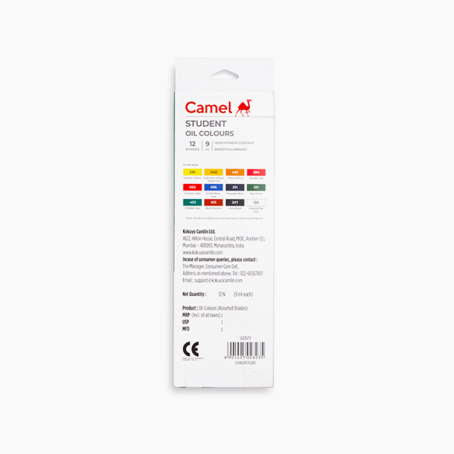 Box of Camel 12-shade oil paint set with vibrant colours in 9 ml tubes