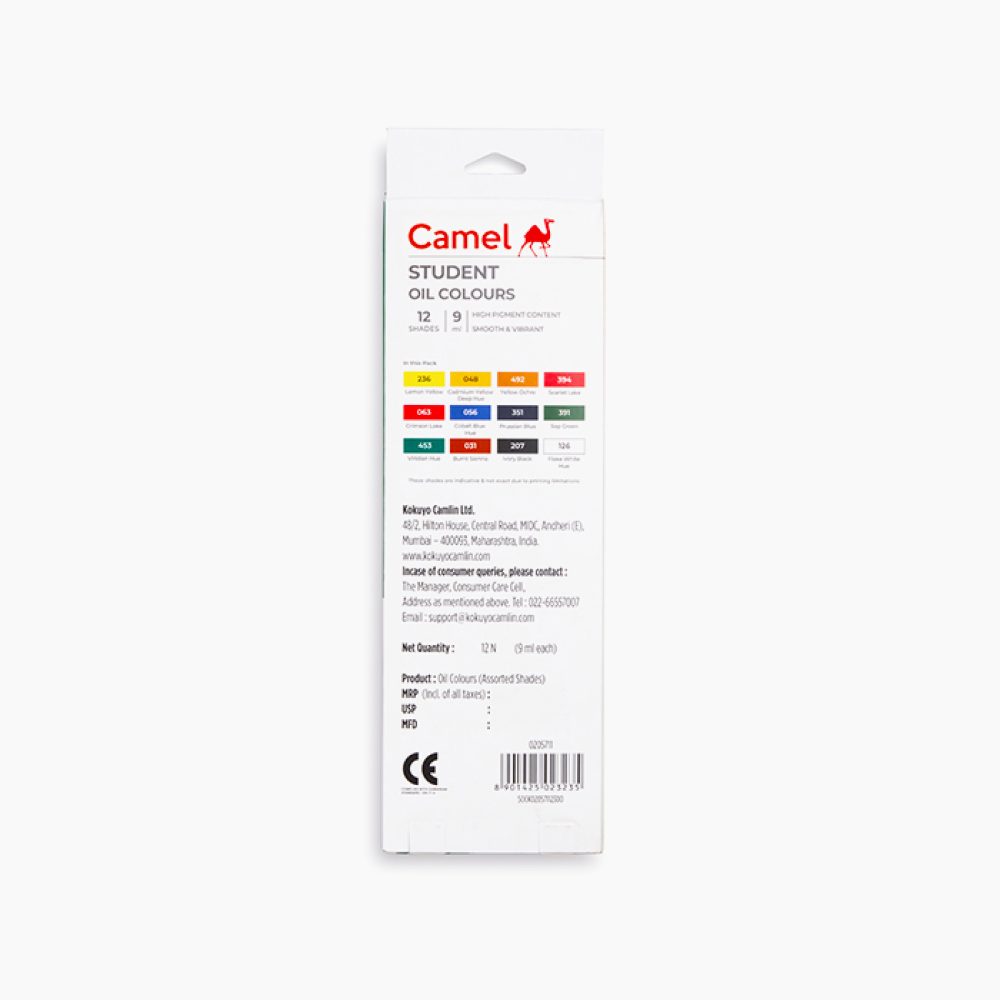Box of Camel 12-shade oil paint set with vibrant colours in 9 ml tubes
