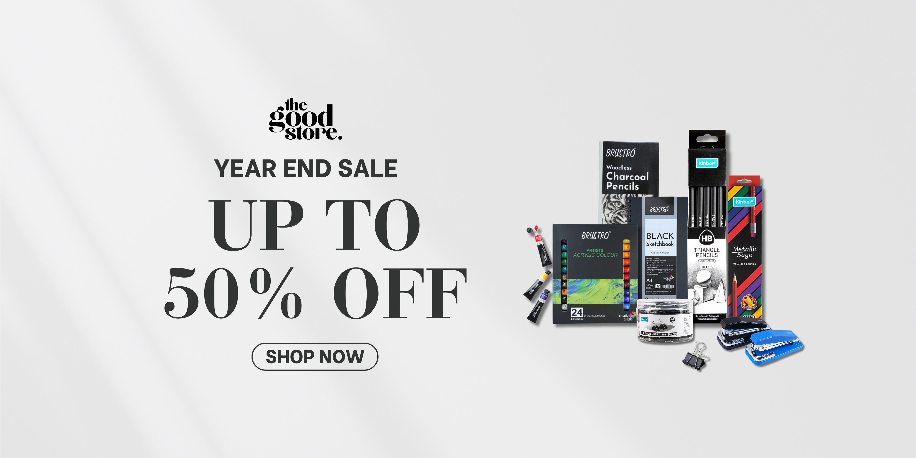 Promotional banner for The Good Store's year-end sale with stationery items on a white background.