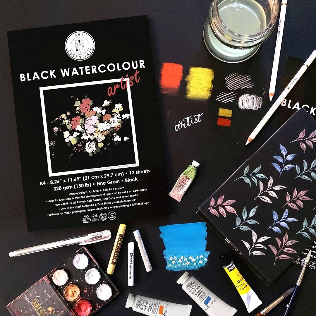 Stacked or fanned Art Essentials Black Watercolour Paper A5 sheets showcasing deep black tone