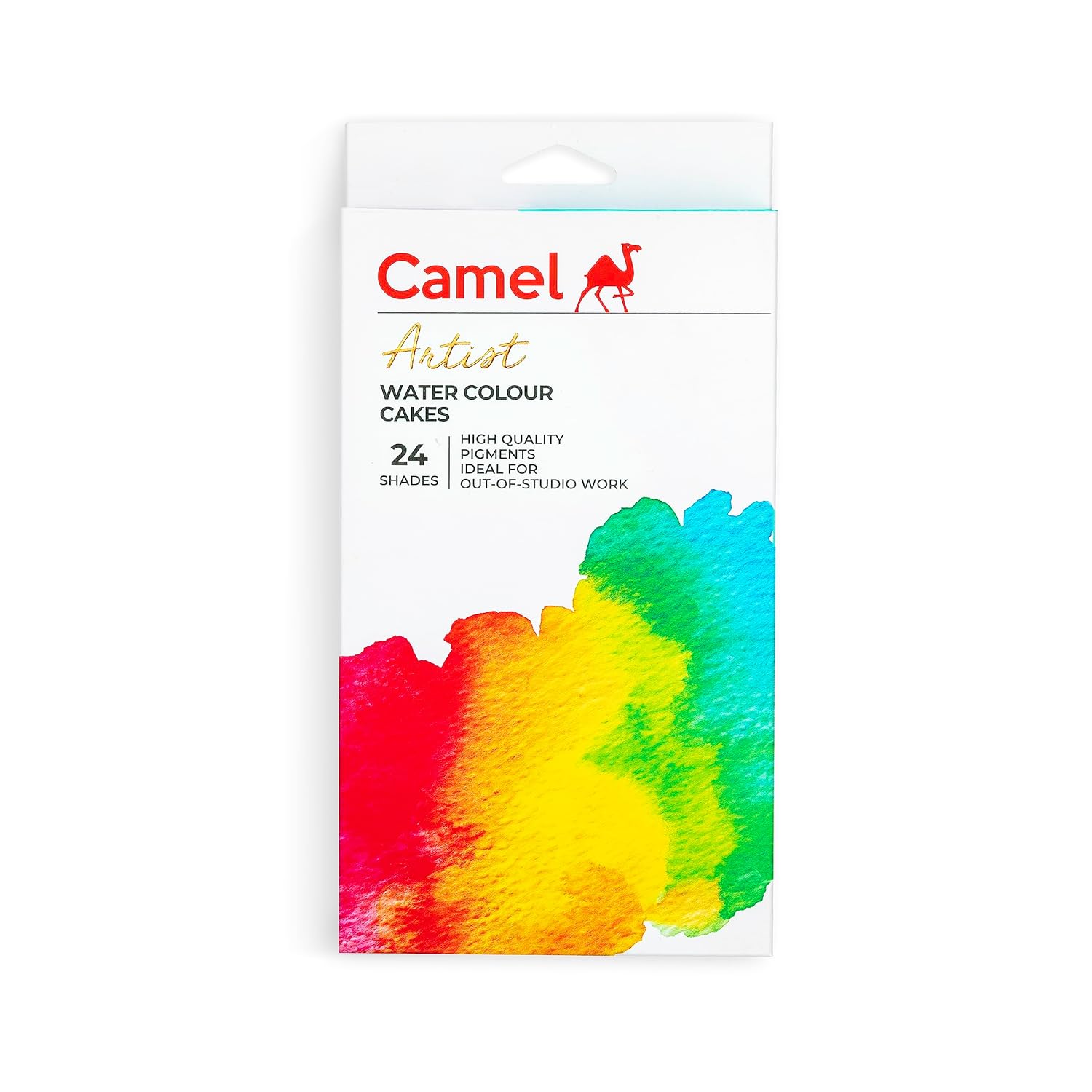 Pack of Camel Artist Water Colour Cakes with colorful watercolor swatch