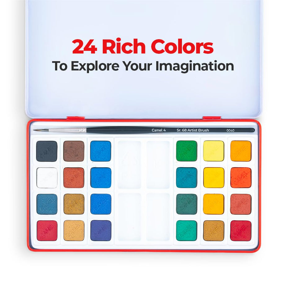 Watercolor paint set with 24 colors and a brush, labeled '24 Rich Colors To Explore Your Imagination'.