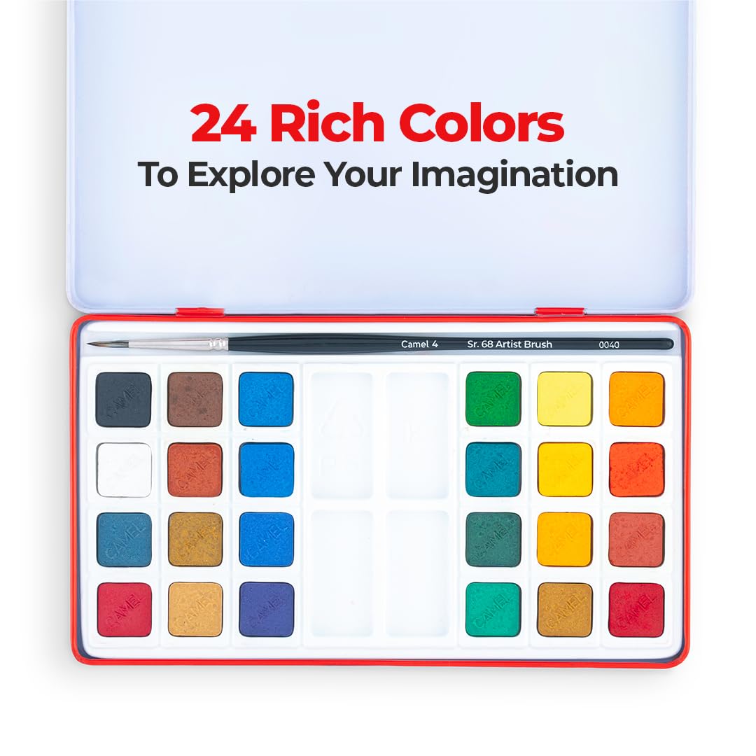 Watercolor paint set with 24 colors and a brush, labeled '24 Rich Colors To Explore Your Imagination'.