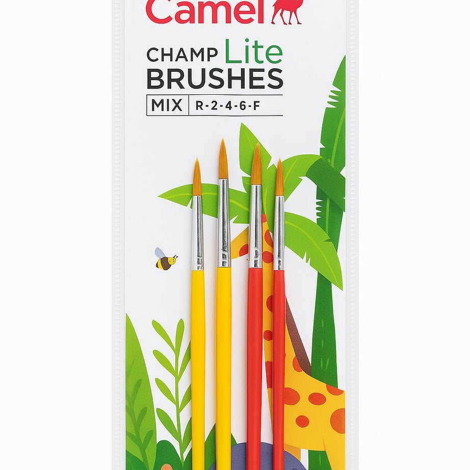 Camel Champ Lite Brushes — Set of 4 Premium Synthetic Brushes for Acrylic, Watercolour & Oil Painting