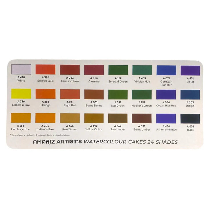 Color swatch card with 24 watercolor cake shades by Amriz 