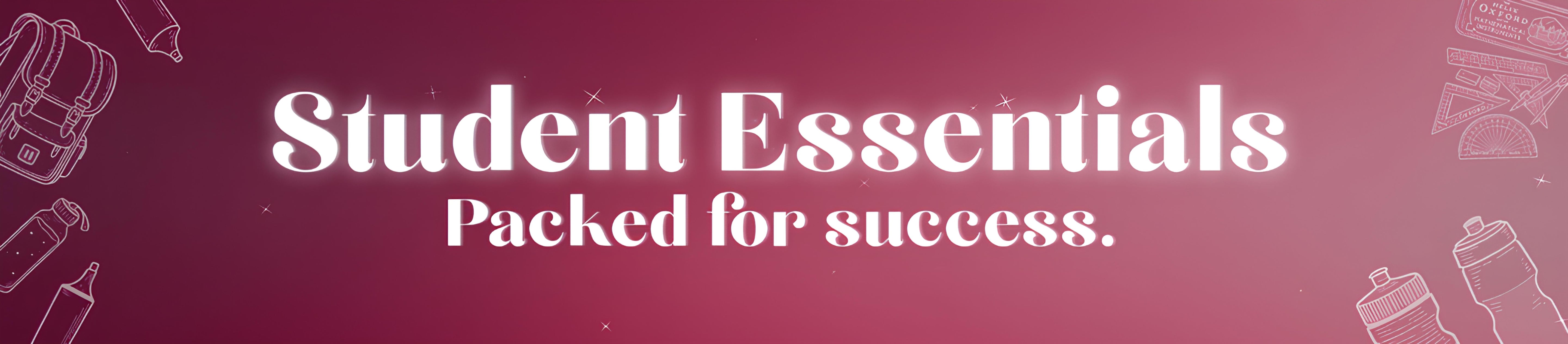 Promotional banner with 'Student Essentials Packed for success.' text on a red background with school supplies illustrations.