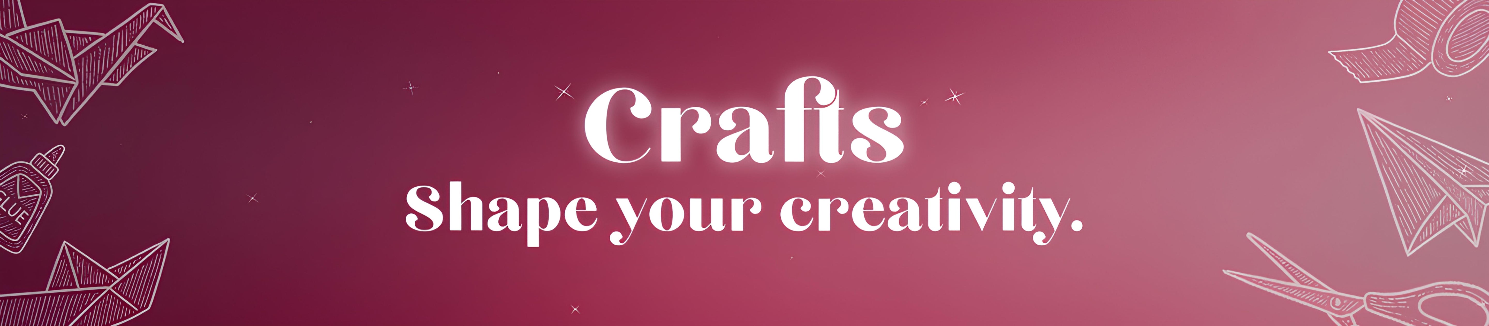 Text 'Crafts Shape your creativity.' on a pink background with white line art of crafts.