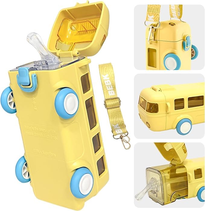 yellow Bus Water Bottle for Kids with Straw and Sipper – 500ml BPA-Free